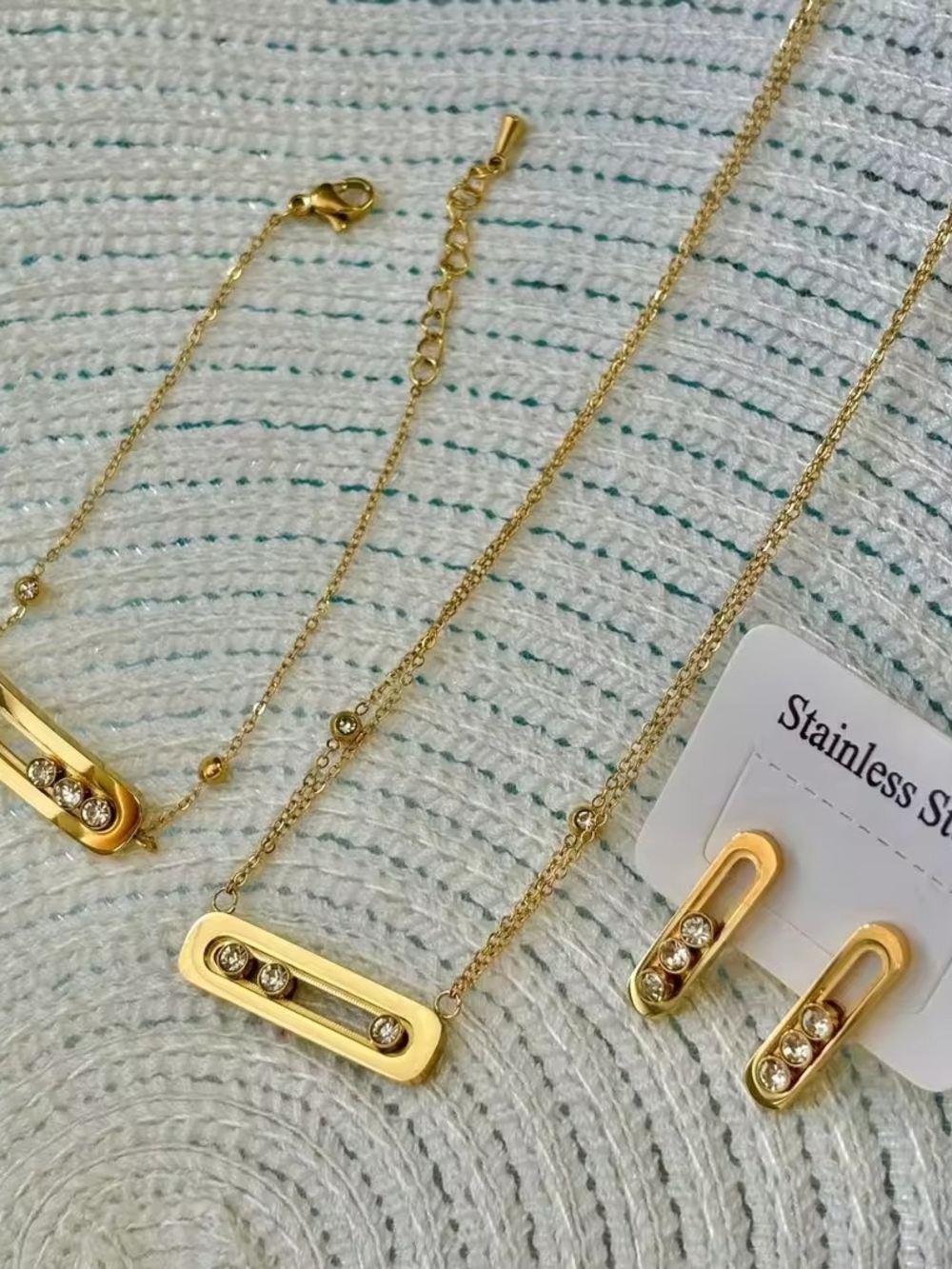 Gold Stainless Steel Crystal Bar Necklace and Earring Set